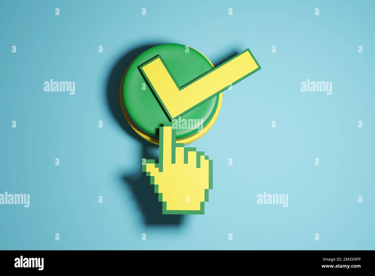 Computer hand shaped mouse cursor clicking a round green button with a tick symbol. The concept of confirmation, approval and granted permission Stock Photo