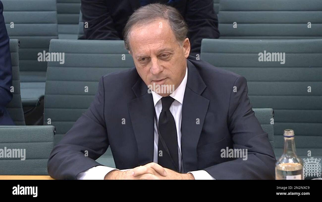 Screen grab taken from Parliament TV of BBC chairman Richard Sharp appearing before the Commons Digital, Culture, Media and Sport (DCMS) Committee, after the disclosure that he helped former prime minister Boris Johnson secure a loan of up to £800,000 before he backed his appointment to lead the broadcaster. Picture date: Tuesday February 7, 2023. Stock Photo