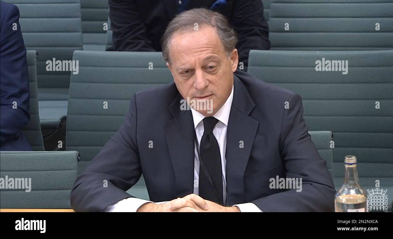 Screen grab taken from Parliament TV of BBC chairman Richard Sharp appearing before the Commons Digital, Culture, Media and Sport (DCMS) Committee, after the disclosure that he helped former prime minister Boris Johnson secure a loan of up to £800,000 before he backed his appointment to lead the broadcaster. Picture date: Tuesday February 7, 2023. Stock Photo