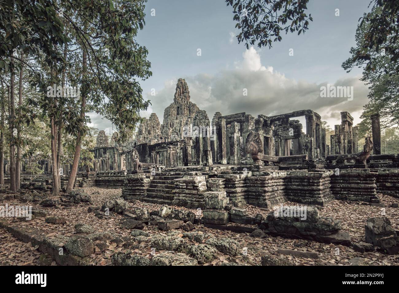 Angkor. 12th-century Bayon Buddhist temple famous for devotional carving of Bodhisattva Avalokiteshvara (Avalokitesvara); built by King Jayavarman VII Stock Photo