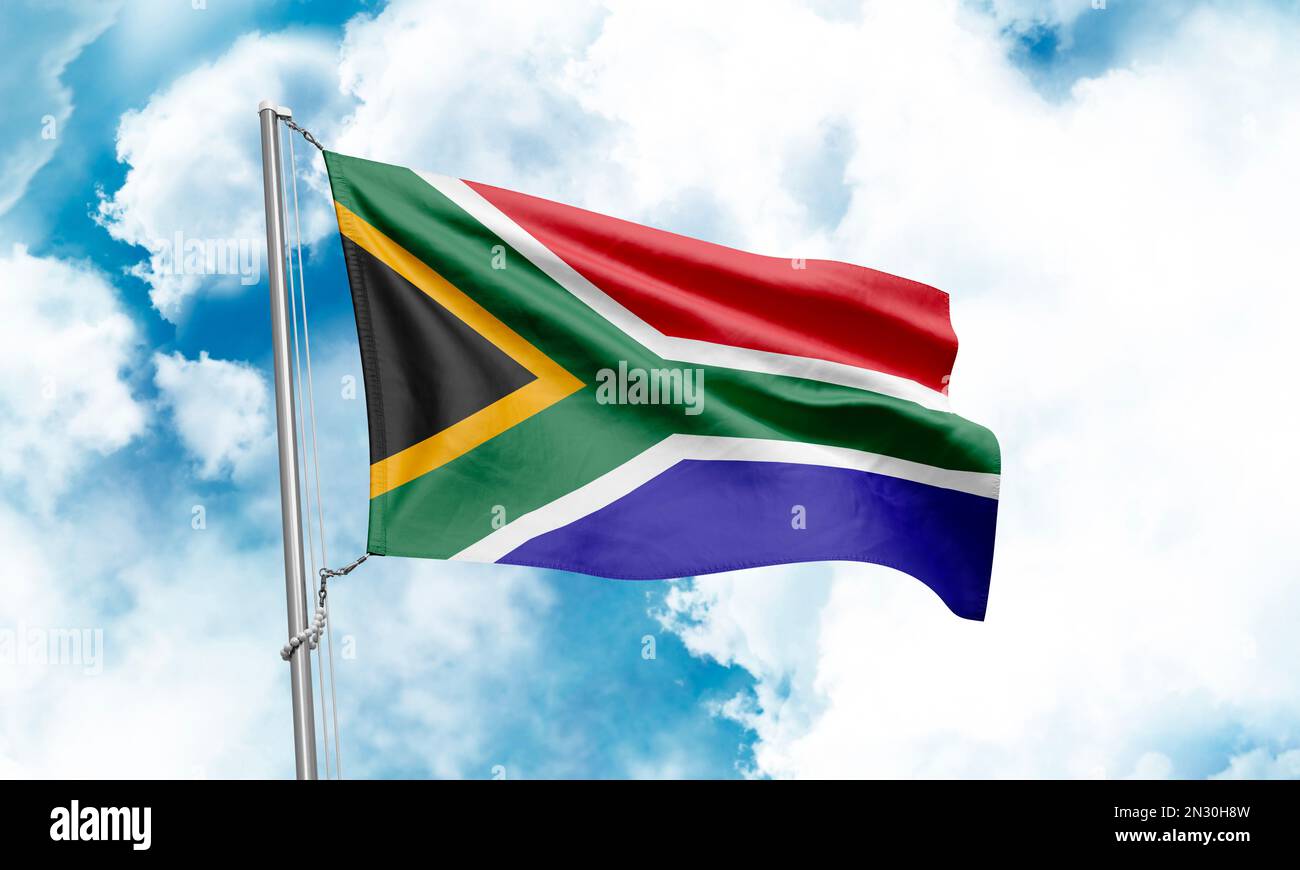 South Africa flag waving on sky background. 3D Rendering Stock Photo