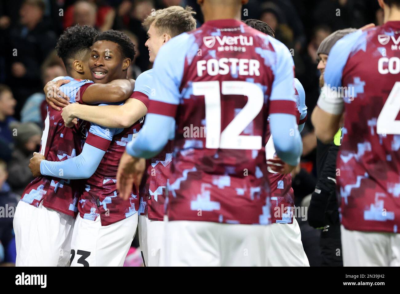 7th February 2023: Turf Moor, Burnley, Lancashire, England; FA Cup Football, Burnley versus Ipswich Town; Nathan Tella of Burnley celebrates his first minute opening goal with his team mates Stock Photo