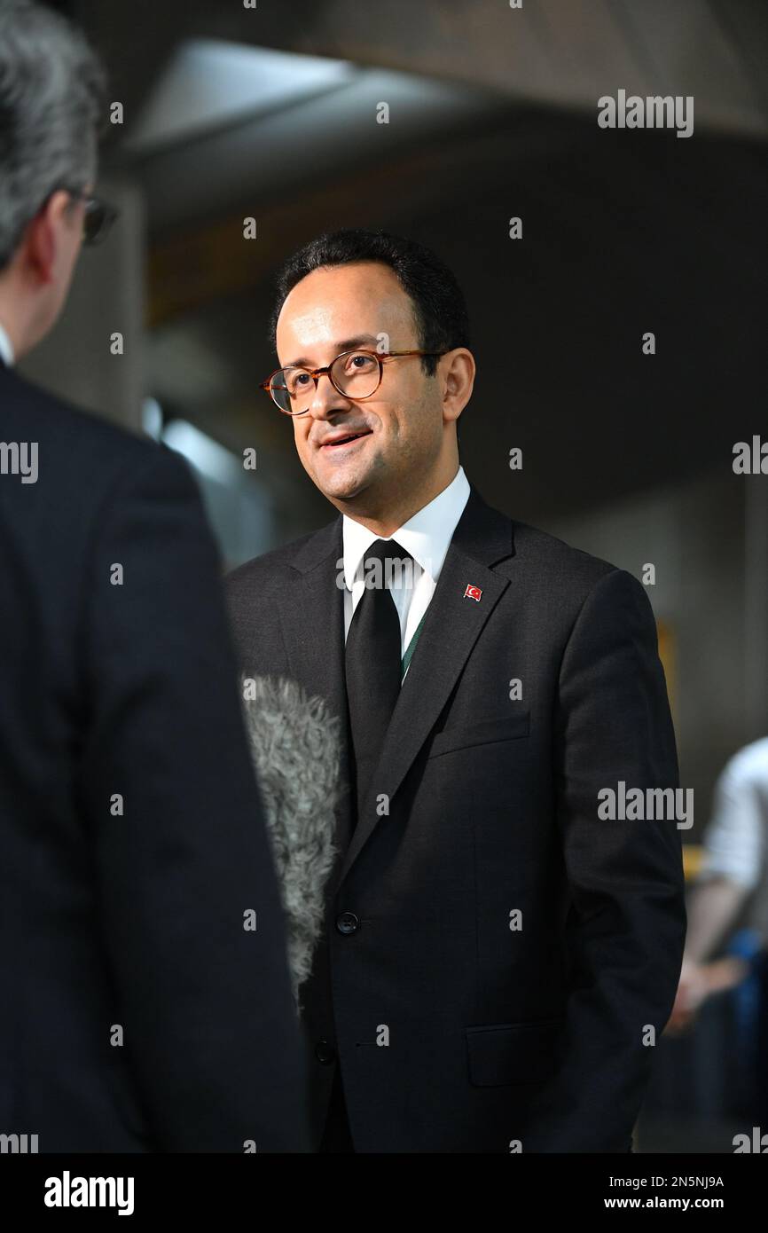 Edinburgh, Scotland, UK. 9th Feb, 2023. PICTURED: Turkish Consulate General Ozgur Yavuzer at the Scottish Parliament seen during media interviews. The Turkish Consulate General was there during talks after the earthquake which struck Turkey days ago. Credit: Colin D Fisher Credit: Colin Fisher/Alamy Live News Stock Photo