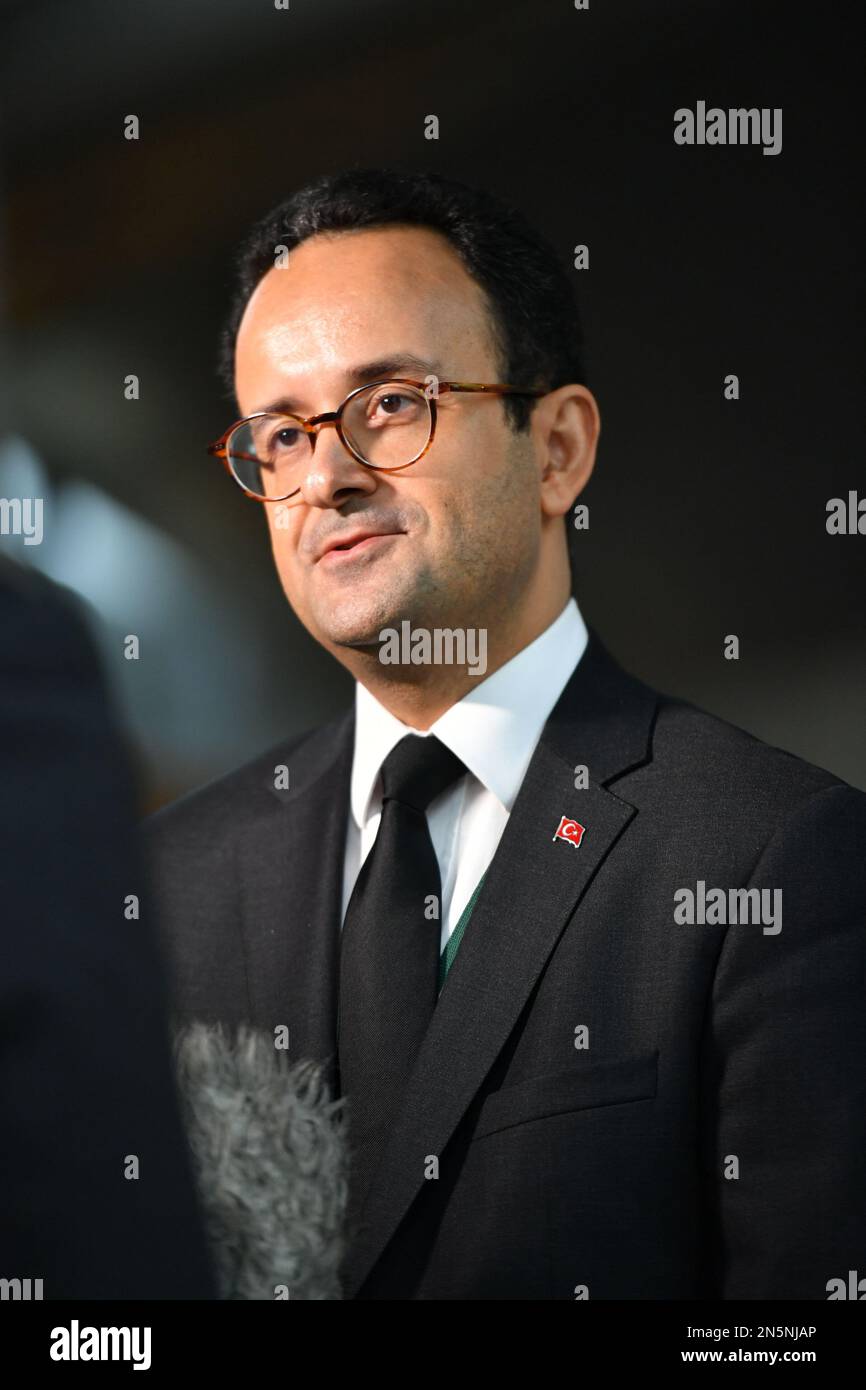 Edinburgh, Scotland, UK. 9th Feb, 2023. PICTURED: Turkish Consulate General Ozgur Yavuzer at the Scottish Parliament seen during media interviews. The Turkish Consulate General was there during talks after the earthquake which struck Turkey days ago. Credit: Colin D Fisher Credit: Colin Fisher/Alamy Live News Stock Photo