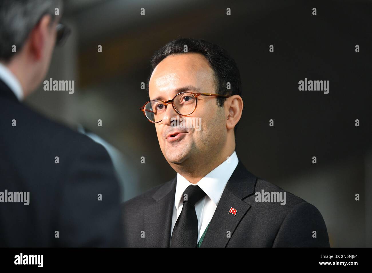 Edinburgh, Scotland, UK. 9th Feb, 2023. PICTURED: Turkish Consulate General Ozgur Yavuzer at the Scottish Parliament seen during media interviews. The Turkish Consulate General was there during talks after the earthquake which struck Turkey days ago. Credit: Colin D Fisher Credit: Colin Fisher/Alamy Live News Stock Photo