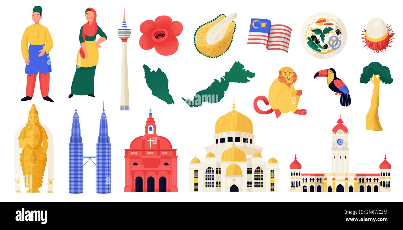 Malaysia travel icons flat set with tourist attractions and culture symbols isolated vector illustration Stock Vector