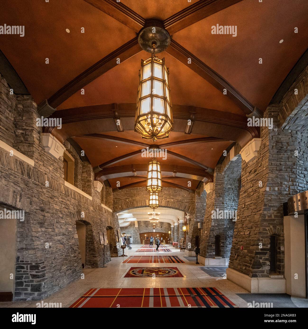 Interior of a historic and iconic hotel in Banff National Park; Banff, Alberta, Canada Stock Photo