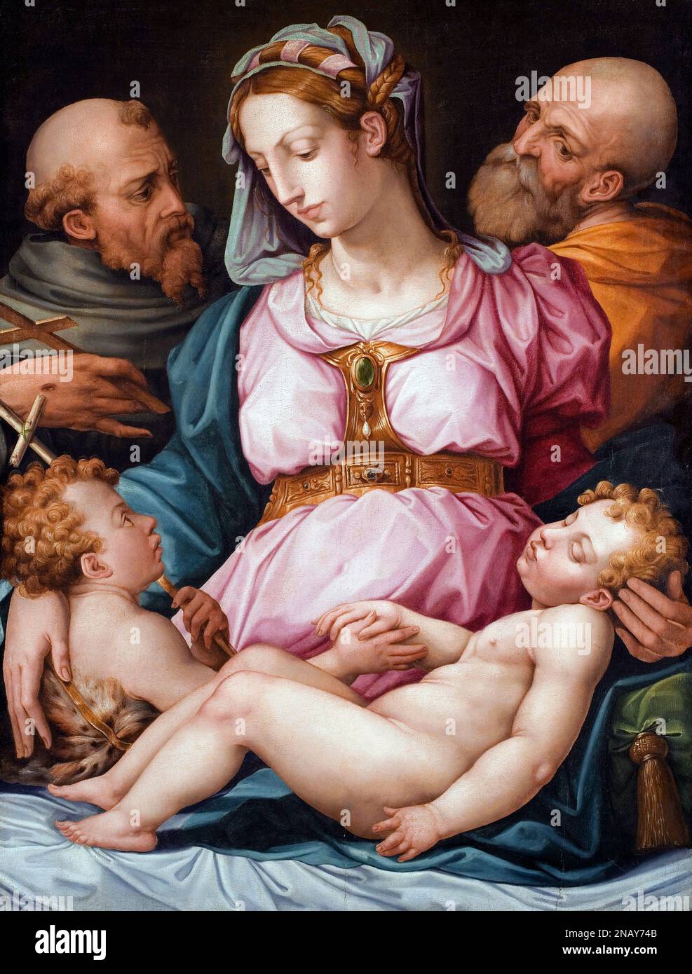 Holy Family with the Infant Saint John the Baptist and Saint Francis by Giorgio Vasari (1511-1574), oil on panel, after 1544 Stock Photo