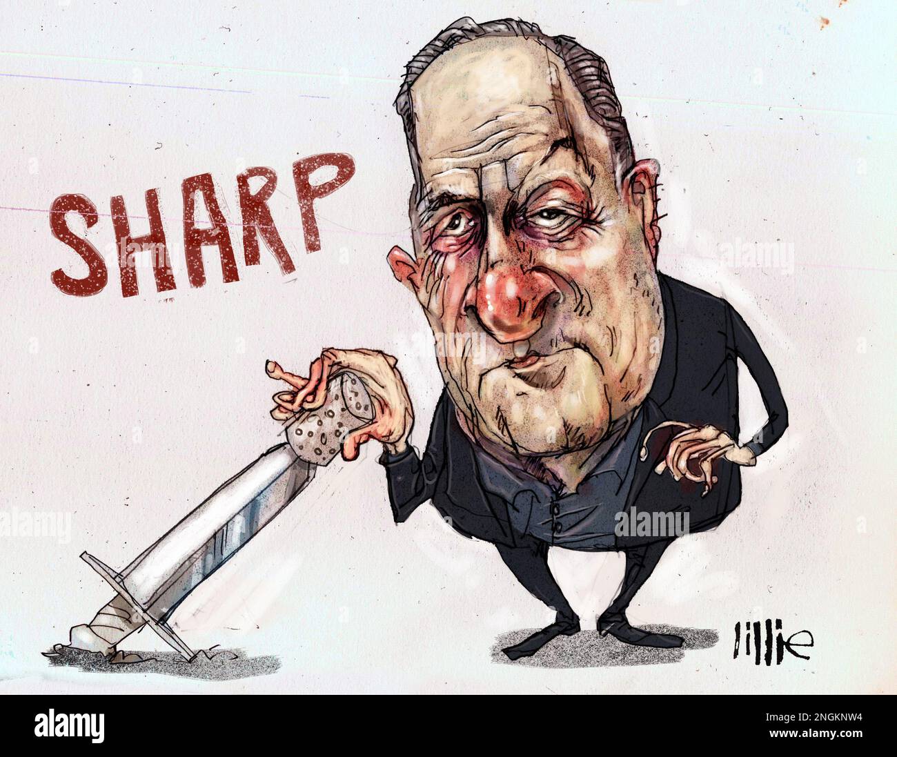 Caricature of Richard Sharp chairman of the BBC, referencing his financial links to the Tories & Jonathan Dimbleby saying he should fall on his sword Stock Photo