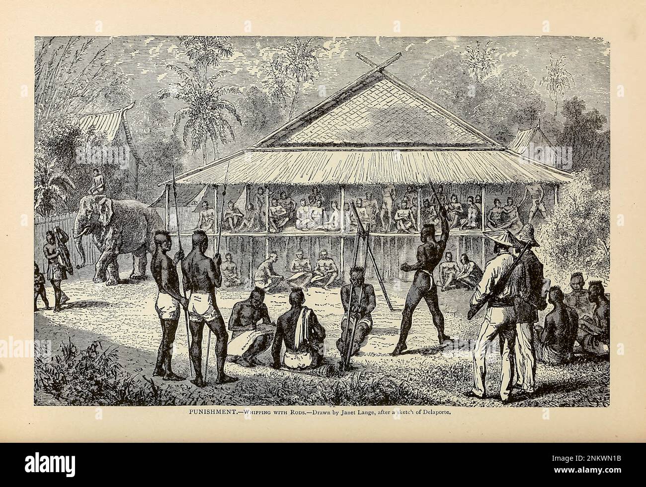 Punishment - Whipping with Rods Drawn by Janet Lange after a sketch of Delaporte The Brown Races Malayo-Mongoloids from Cyclopedia universal history : embracing the most complete and recent presentation of the subject in two principal parts or divisions of more than six thousand pages by John Clark Ridpath, 1840-1900 Publication date 1895 Publisher Boston : Balch Bros. Volume 6 History of Man and Mankind Stock Photo