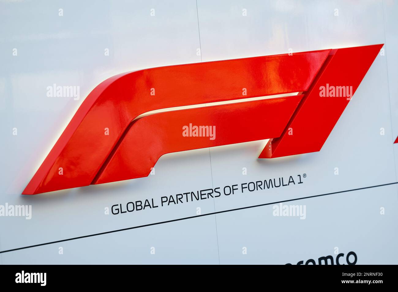 F1 logo during the Formula 1 Aramco pre-season testing 2023 of the 2023 FIA Formula One World Championship from February 23 to 25, 2023 on the Bahrain International Circuit, in Sakhir, Bahrain - Photo: FLORENT GOODEN / DPPI Media/LiveMedia Stock Photo