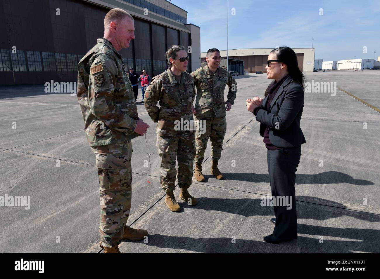 Brig. Gen. Jon Eberlan, front left, Warner Robins Air Logistics Complex commander, greets Under Secretary of the Air Force Gina Ortiz Jones at Robins Air Force Base, Georgia, Feb. 7, 2023. Jones visited Robins to familiarize herself with the missions across the installation that are making a positive impact on Air Force readiness. Stock Photo