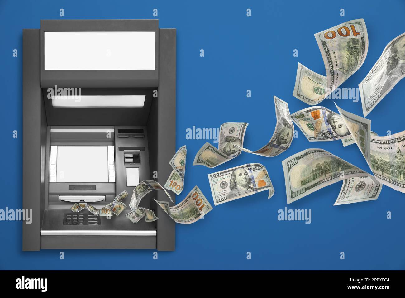 Modern automated cash machine and flying money on blue background Stock Photo