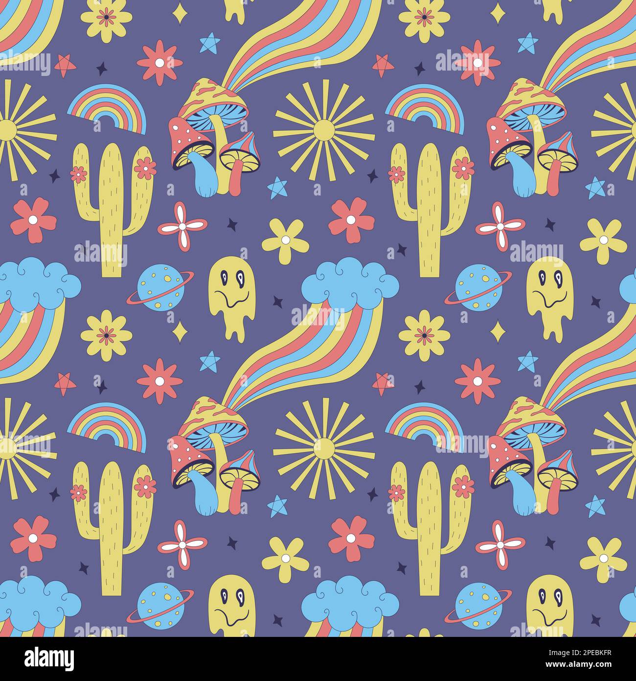 Seamless pattern with y2k style elements. Acidic vivid neon colors.Bright youth pattern with symbols of the 70s. Mushrooms, cactus, melting face, rain Stock Vector