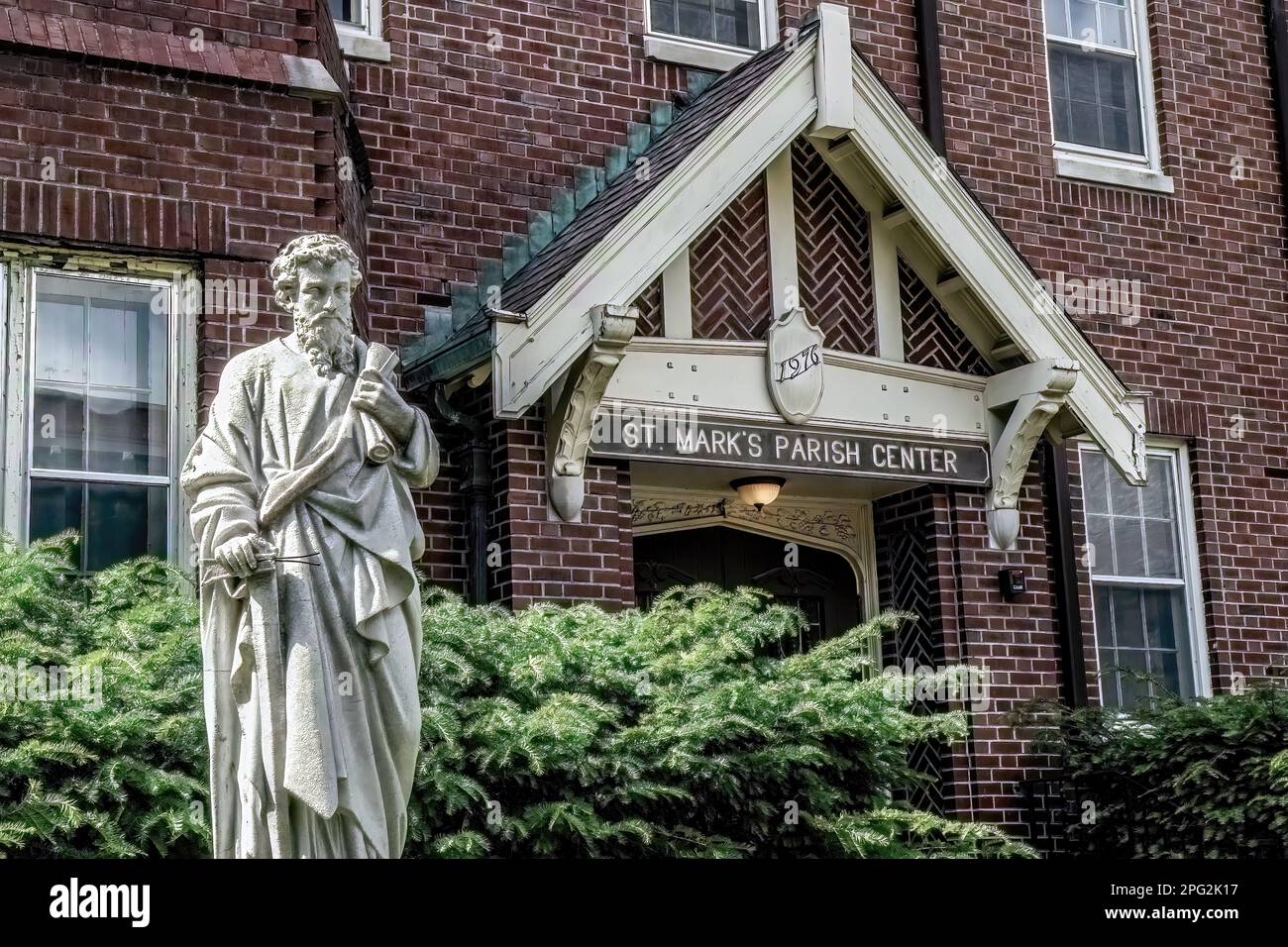 Statue of St. Mark outside of St. Mark's Parish Center in St. Paul, Minnesota USA. Stock Photo