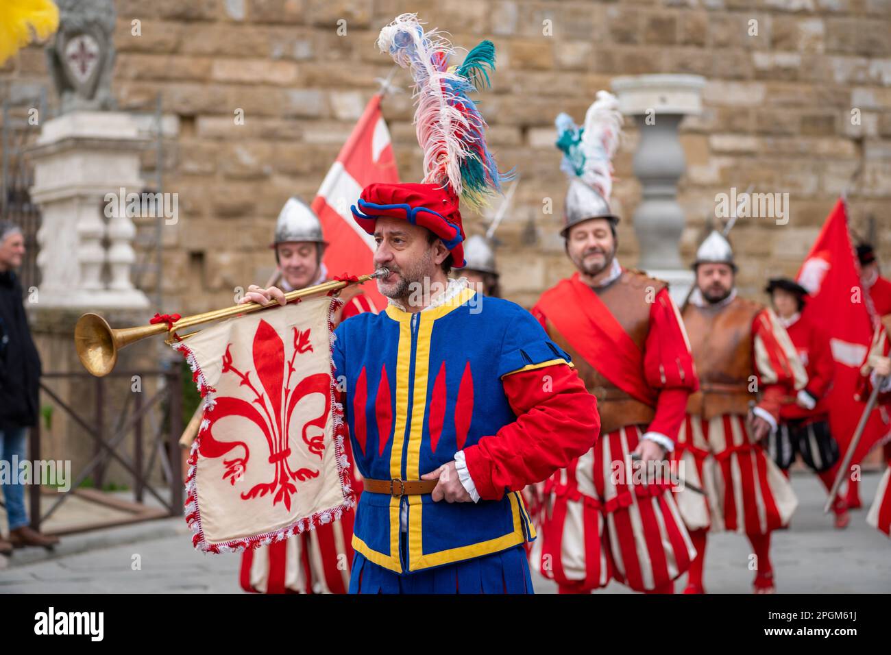 Parade and flag-throwing in the Piazza della Signoria on Feb 18 2023 in honour of Anna Maria Luisa de Medici - the last Medici. Stock Photo