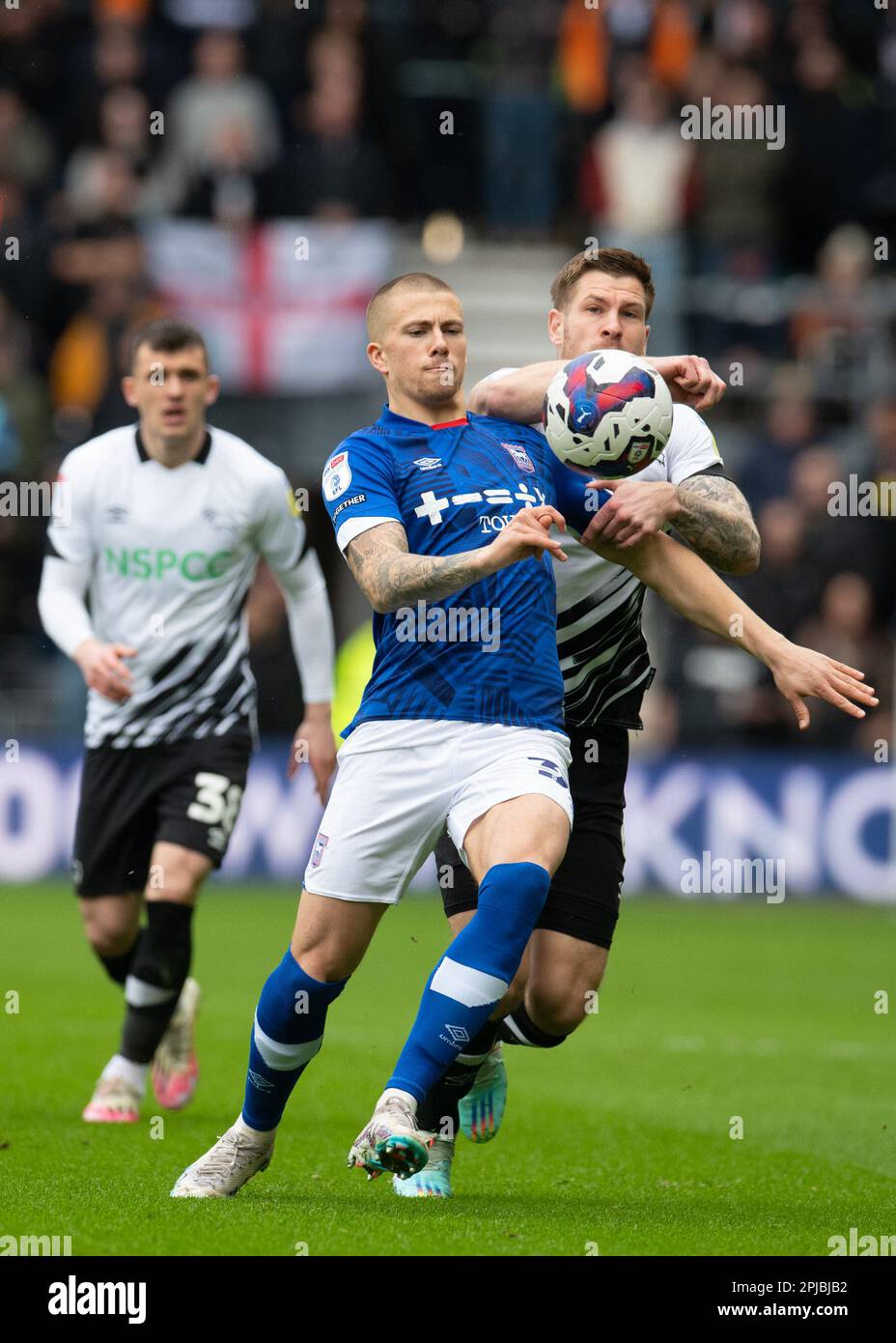 Derby County Football Team v Ipswich Town FC at Pride Park Stadium in Derby, UK on 01 April 2023.  Harry Clarke (Ipswich Town) on the attack  with the ball at Pride Park Stadium, Derby, Uk  Credit: Mark Dunn/Alamy Live News Stock Photo