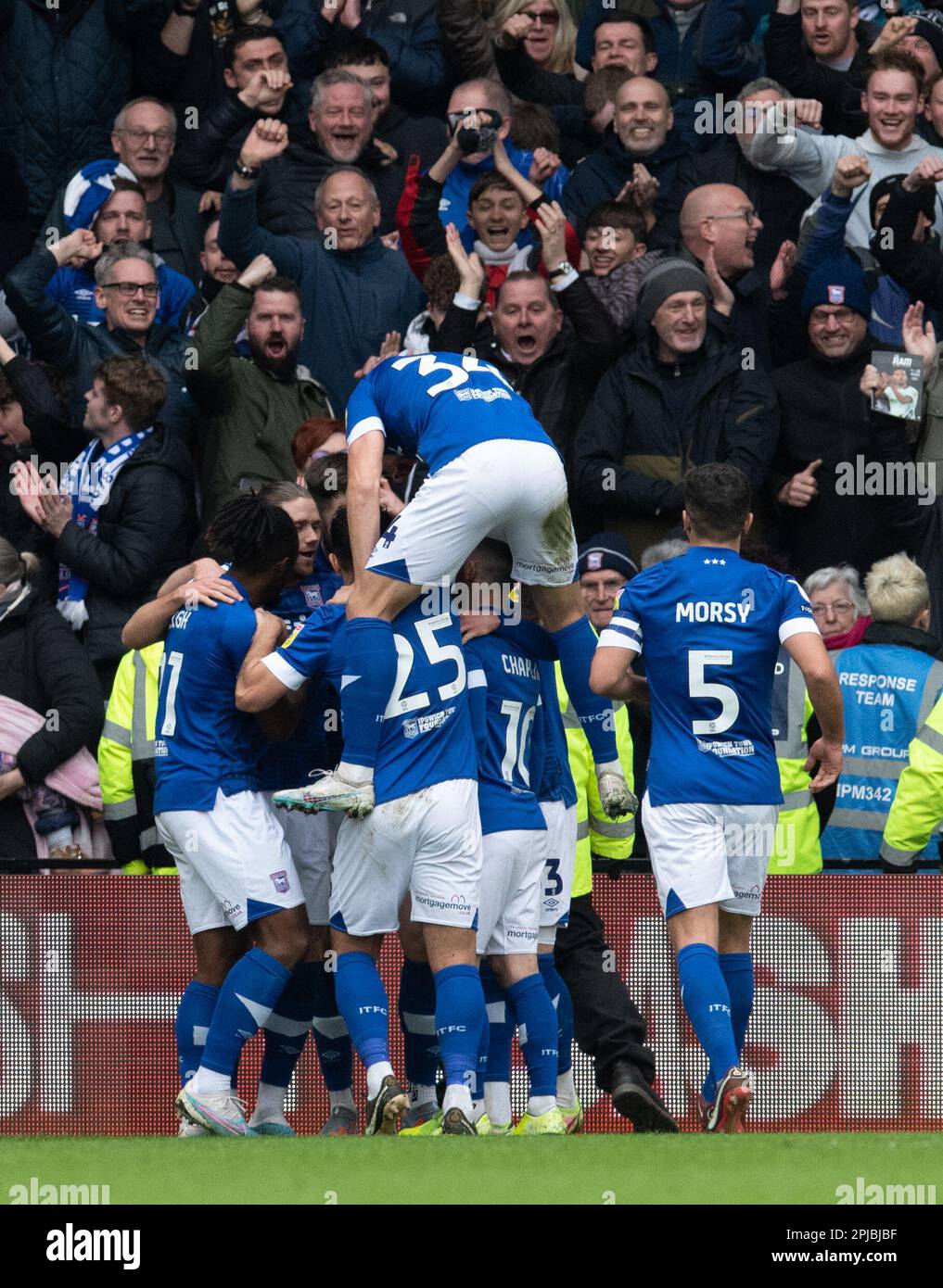 Derby County Football Team v Ipswich Town FC at Pride Park Stadium in Derby, UK on 01 April 2023.  Ipswich Town Players celebrate goal at Pride Park Stadium, Derby, Uk  Credit: Mark Dunn/Alamy Live News Stock Photo