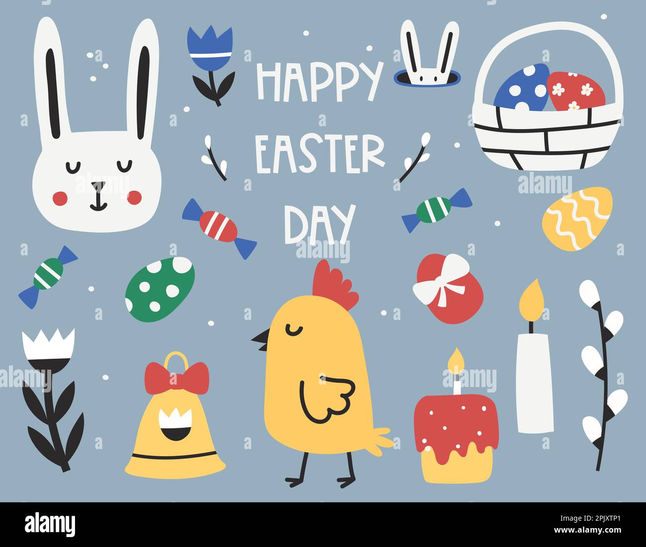 Happy Easter day. Set of simple minimal Easter design elements, childish style. Cute characters, clipart, Easter symbols. Bunny, chicken, eggs, willow Stock Vector