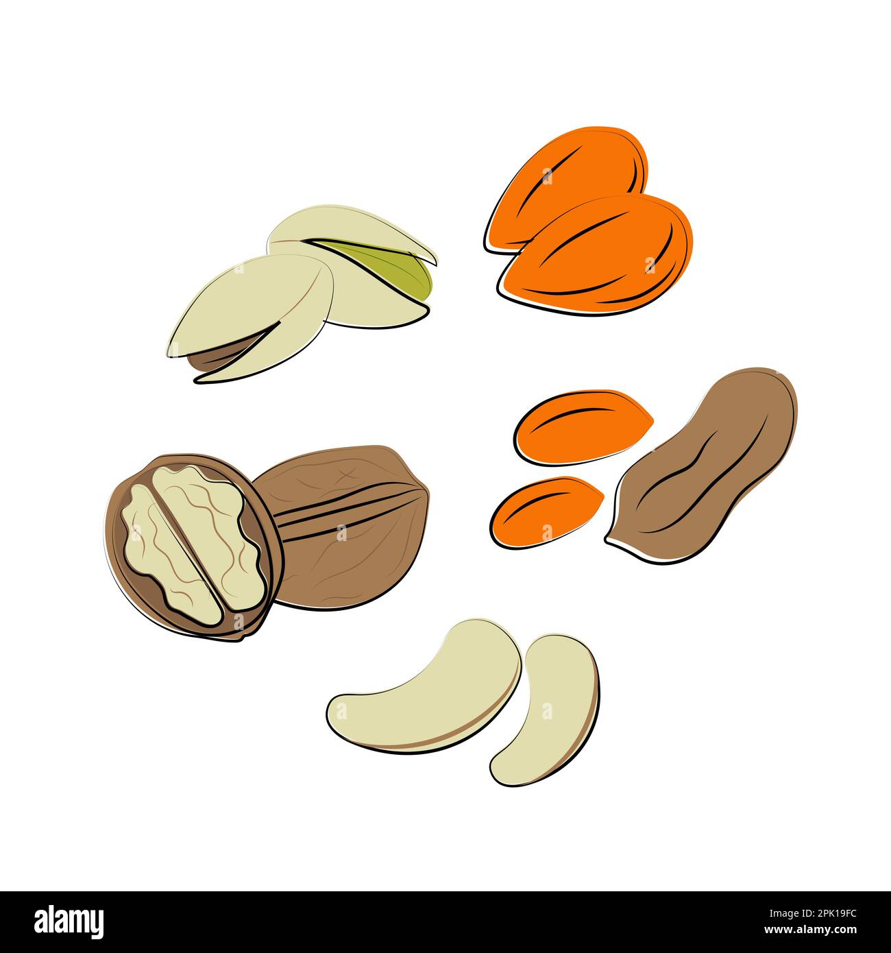 Nuts pistachio almond walnut cashew peanut collection, peanutisolated on white background. Cartoon Vector Icon Stock Vector