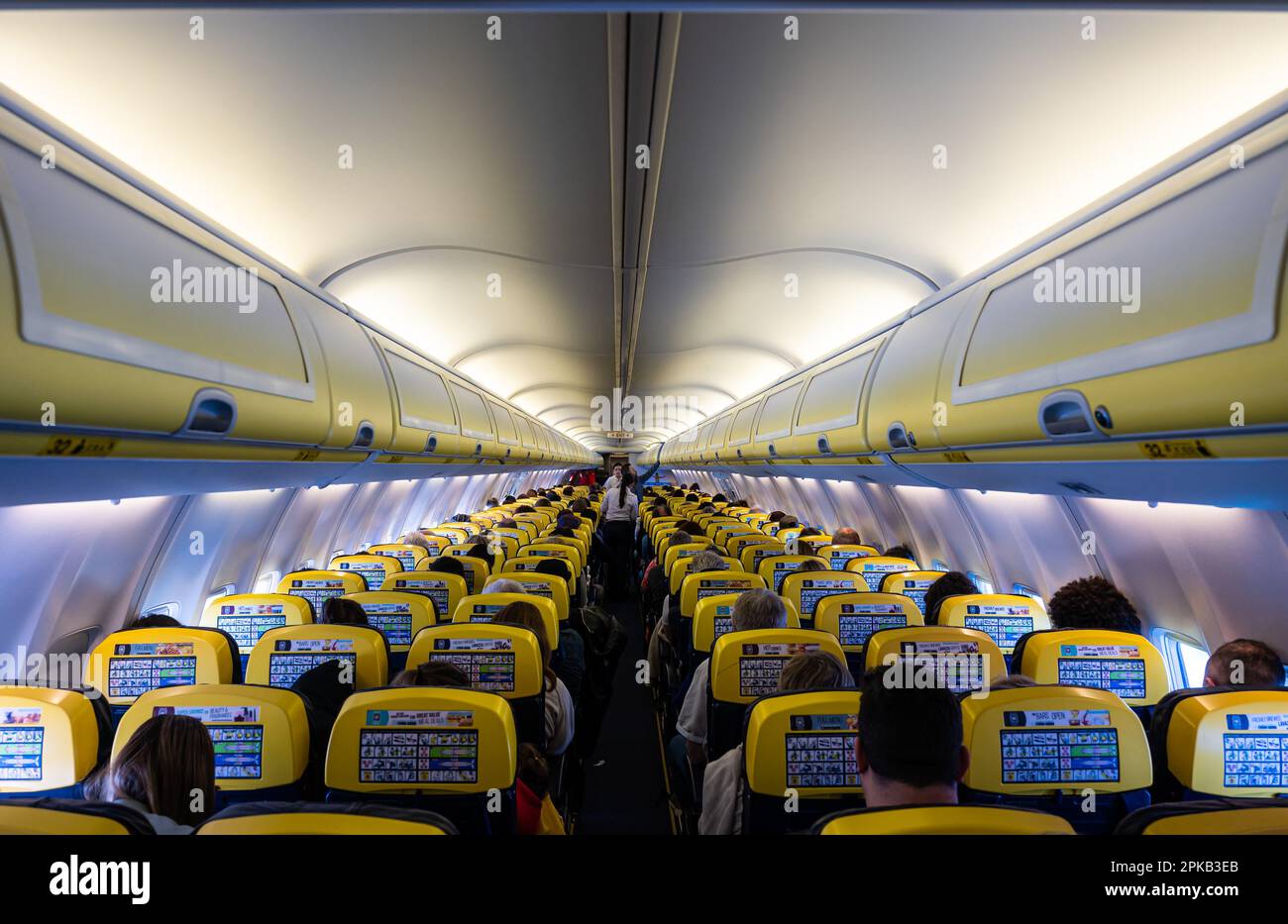 Paphos, Cyprus, March 27, 2023 - Row of seats in a Ryanair Boeing 737 ...