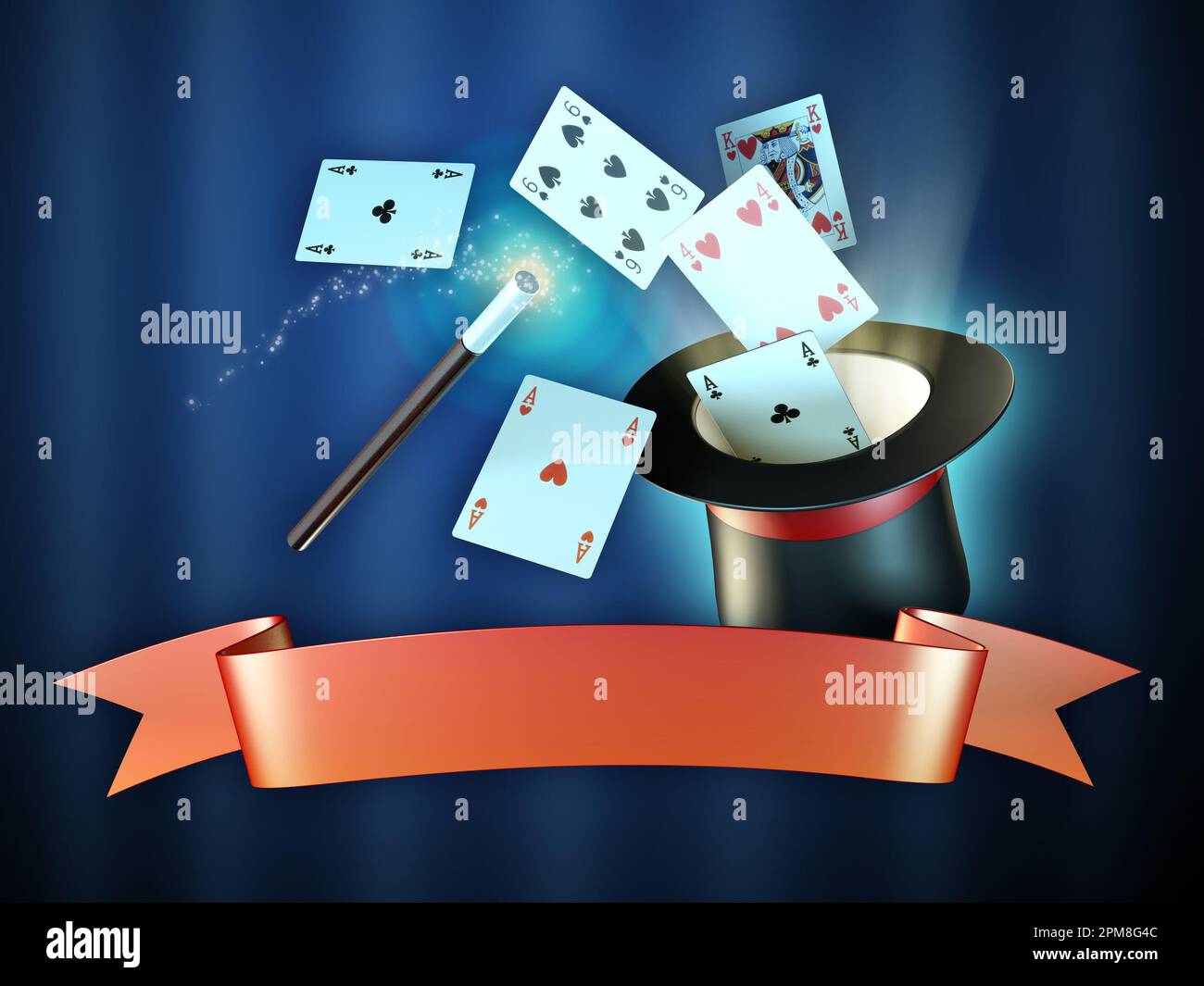 Magician show composition with hat, cards, magic wand and a red banner. 3d illustration. Stock Photo