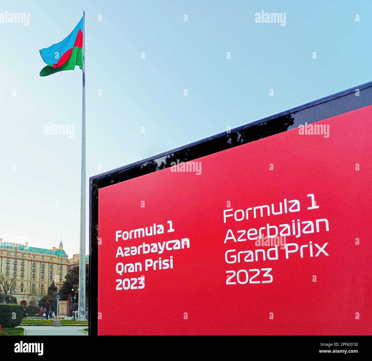 Sign F1 Baku, logo Formula 1, 2023 and flag of Azerbaijan. F1 Grand Prix. Preparing for an F1 race, 28-30 April Stock Photo