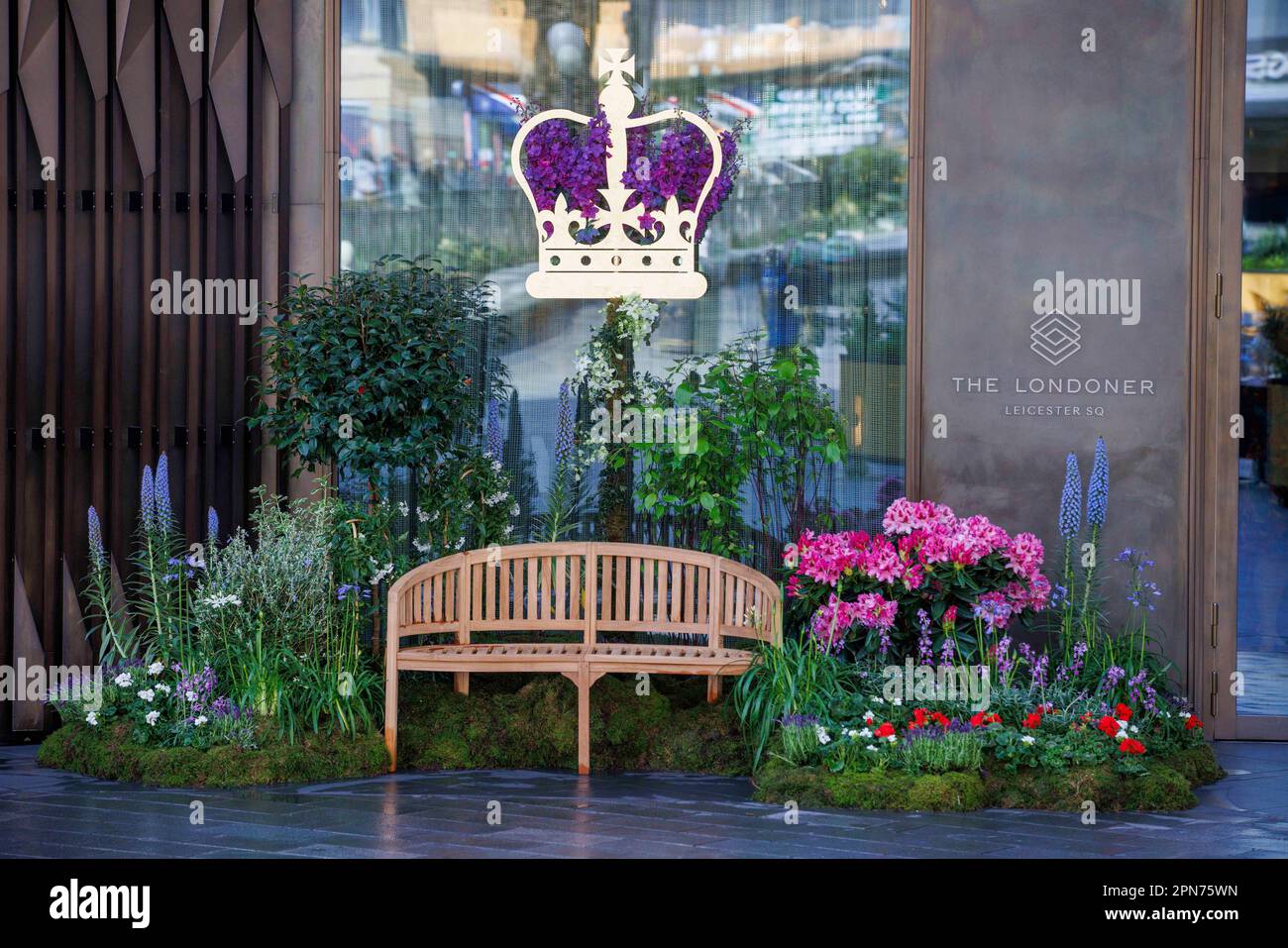 London, UK. 17th Apr, 2023. The Londoner Hotel in Leicester Square unveils its Floral diplay for King Charles III coronation on May 6th. Credit: Karl Black/Alamy Live News Stock Photo