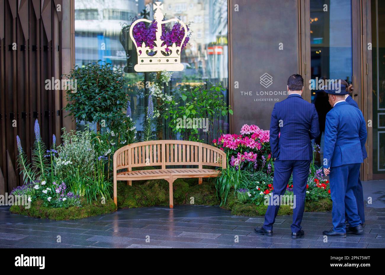 London, UK. 17th Apr, 2023. The Londoner Hotel in Leicester Square unveils its Floral diplay for King Charles III coronation on May 6th. Credit: Karl Black/Alamy Live News Stock Photo