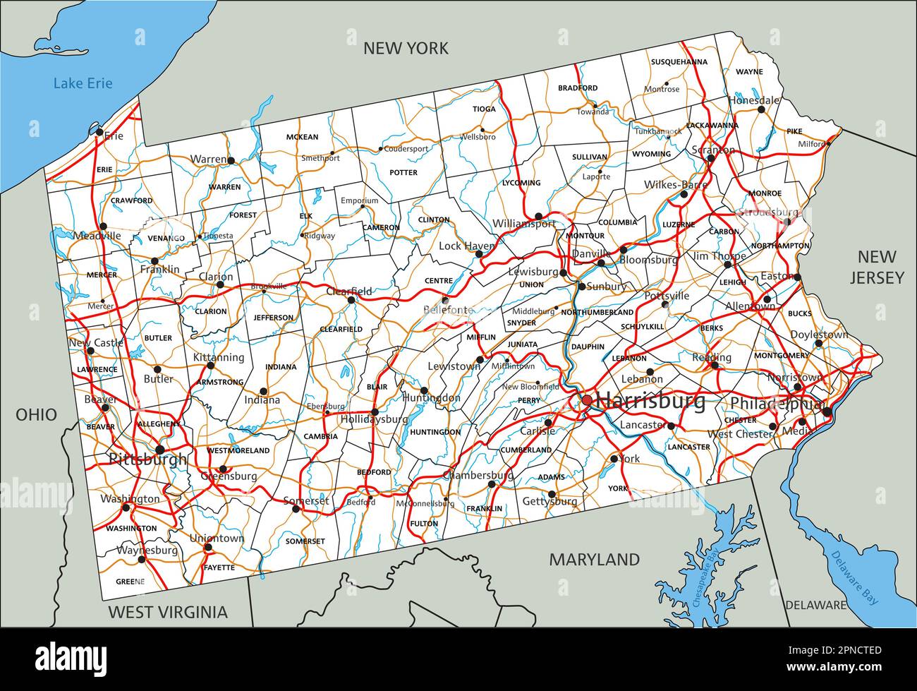 High detailed Pennsylvania road map with labeling. Stock Vector