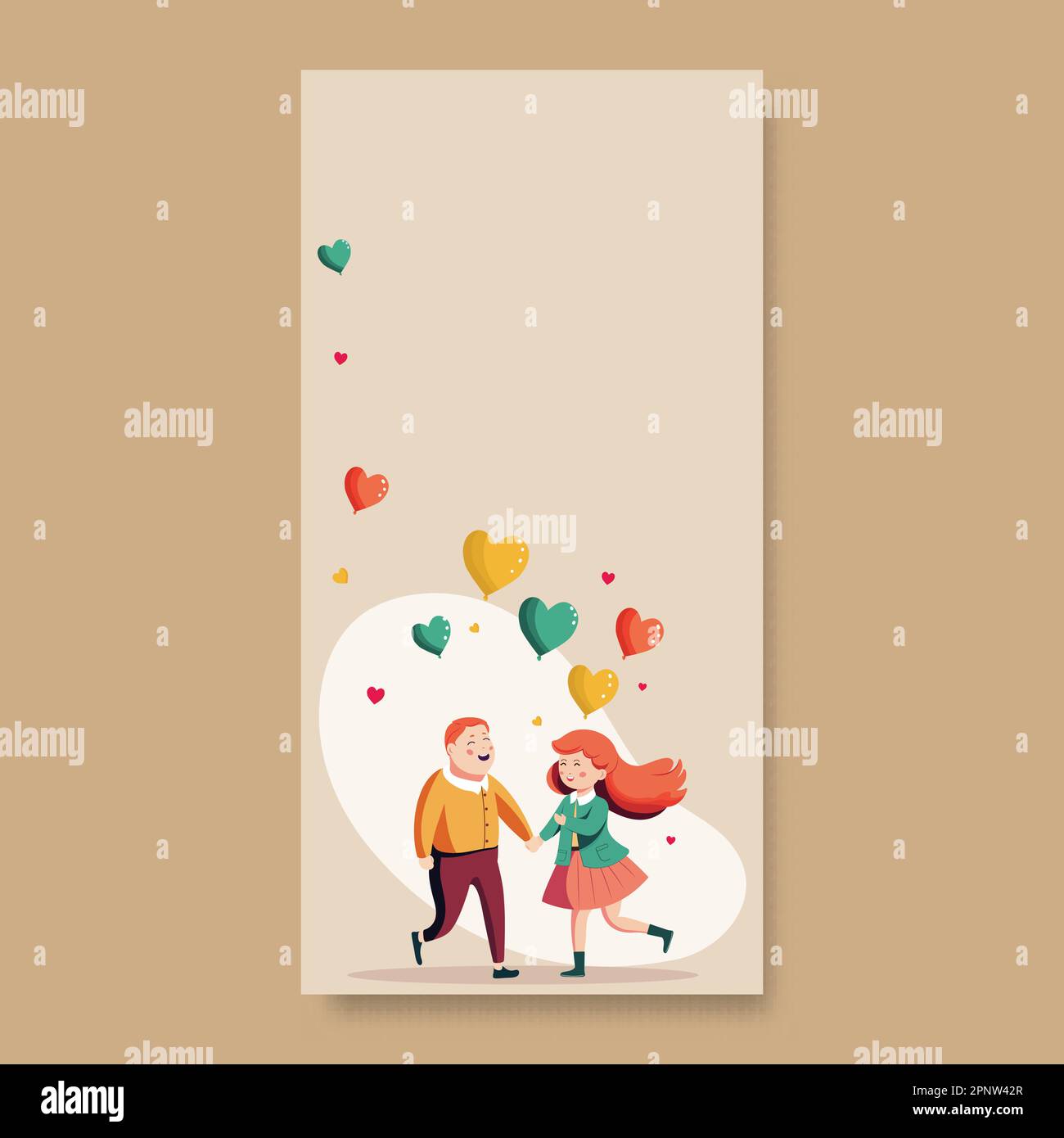 Cheerful Young Boy And Girl Holding Hands Together With Colorful Heart Balloons Decorated Beige Background And Copy Space. Stock Vector