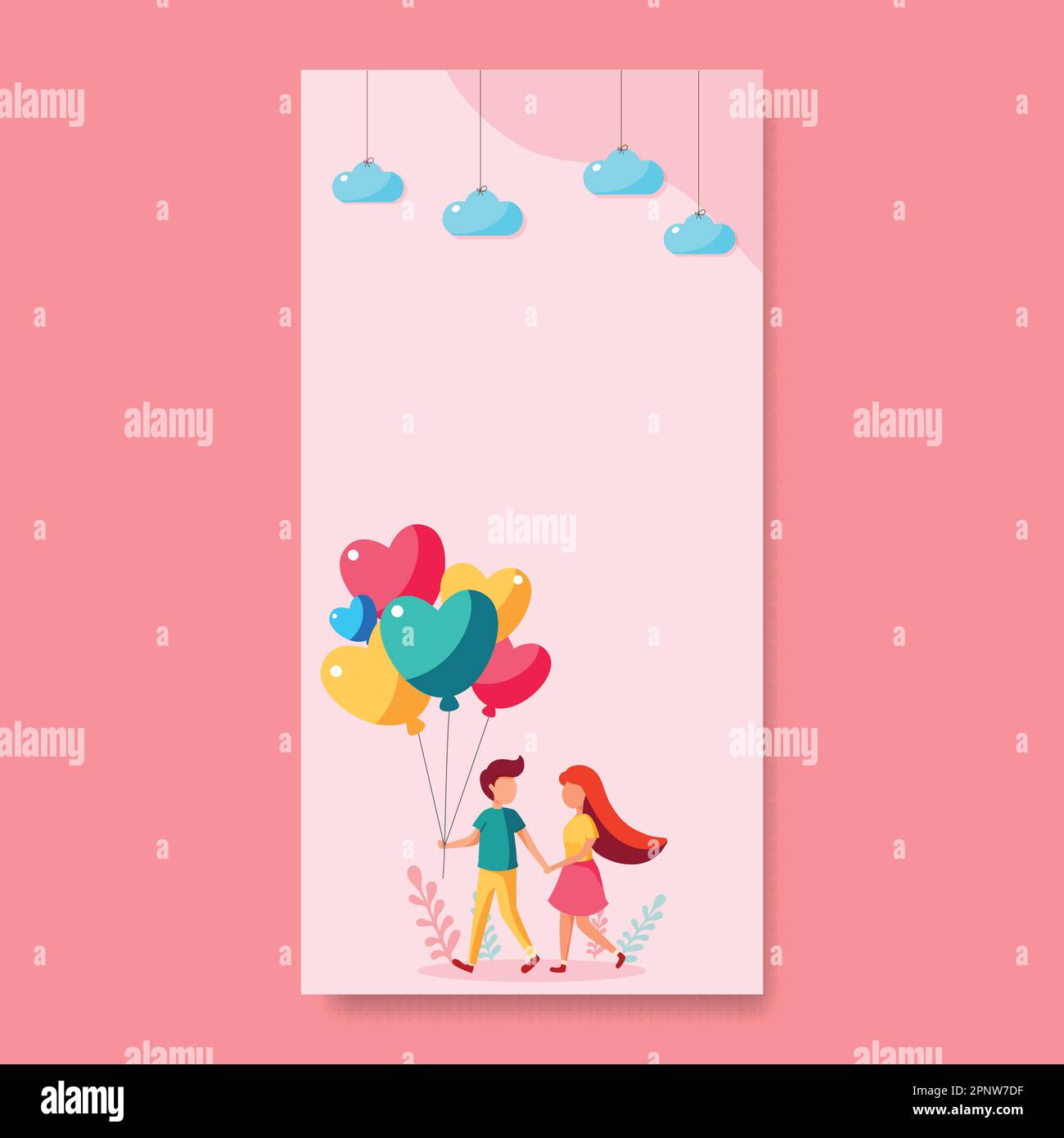 Walking Boy Holding Heart Balloons With Partner Hand And Hanging Clouds On Leaves Background. Happy Valentine's Day Concept. Stock Vector