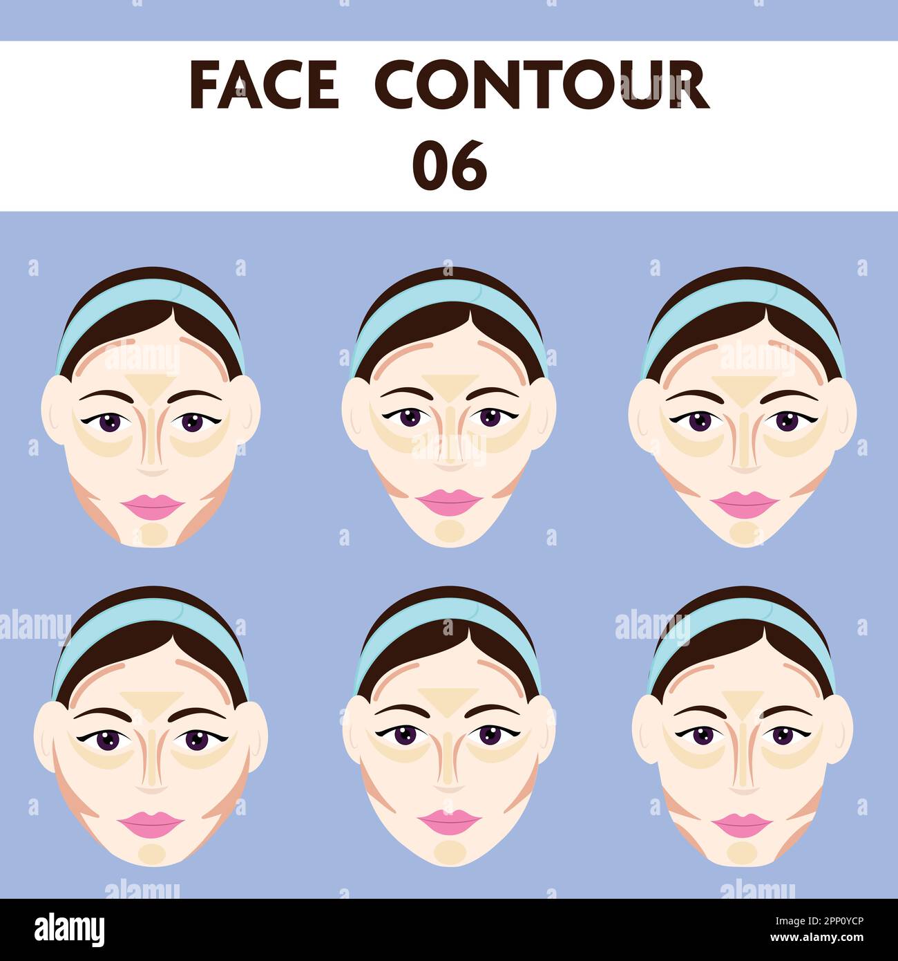 Contour According To Female Face Shape 06 Icons Set On Blue Background. Stock Vector