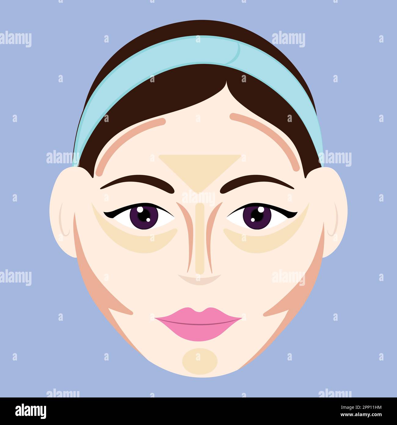 Contour Or Highlight On Round Face Shape Female On Blue Background. Stock Vector