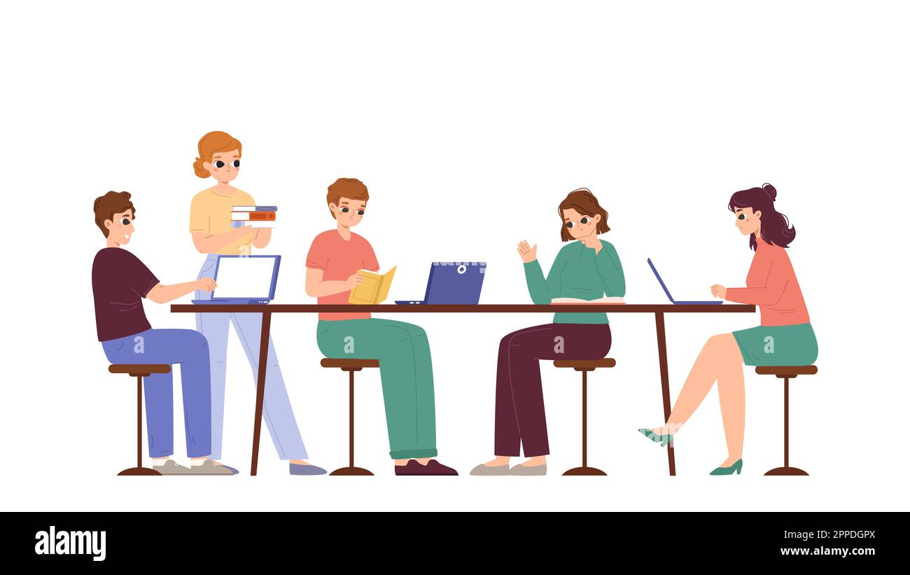 Students study in group, learning class. Young adults with books and computers. Teamwork in college or school. Vector smart characters Stock Vector