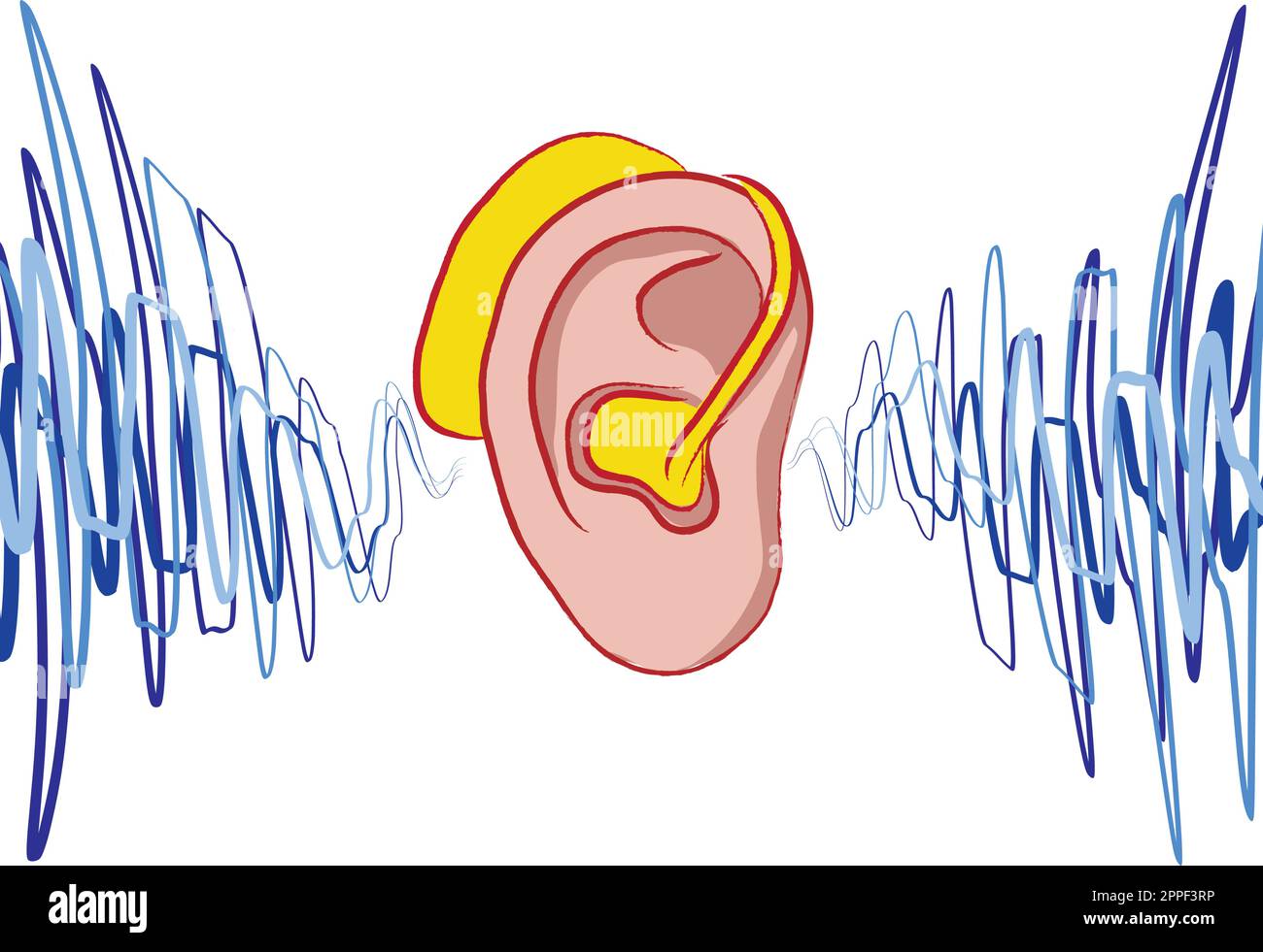 Drawing of ear and sound waves, vector illustration. Stock Vector