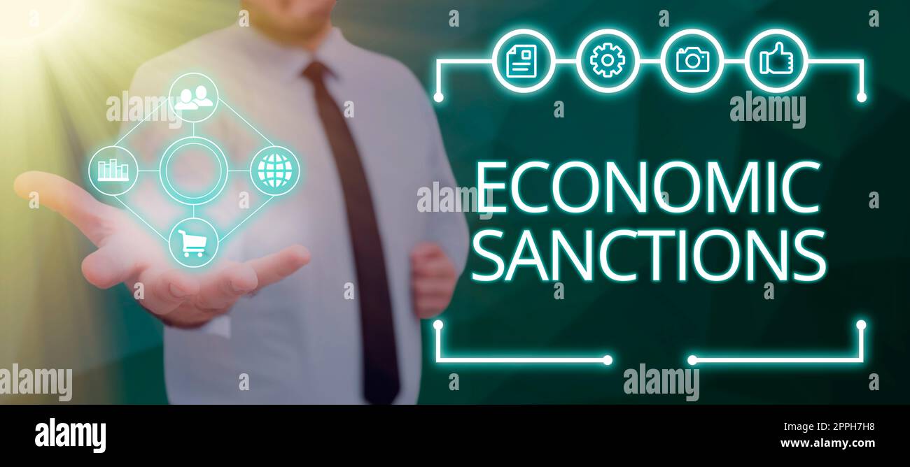 Inspiration showing sign Economic SanctionsPenalty Punishment levied on another country Trade war. Word Written on Penalty Punishment levied on another country Trade war Stock Photo