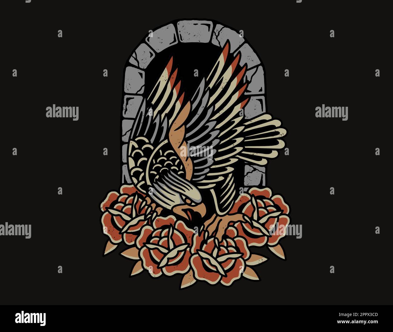 Tattoo style inspired graphic design on black background eagle with roses and door frame Stock Photo