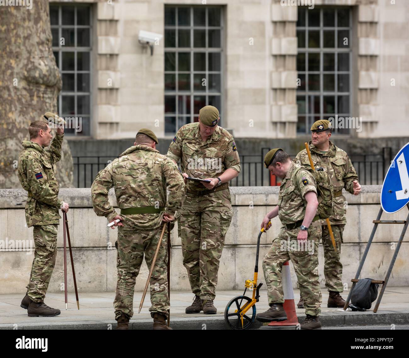 London, UK. 25th Apr, 2023. British army Soldiers in Whitehall mark out the route for the coronation Credit: Ian Davidson/Alamy Live News Stock Photo