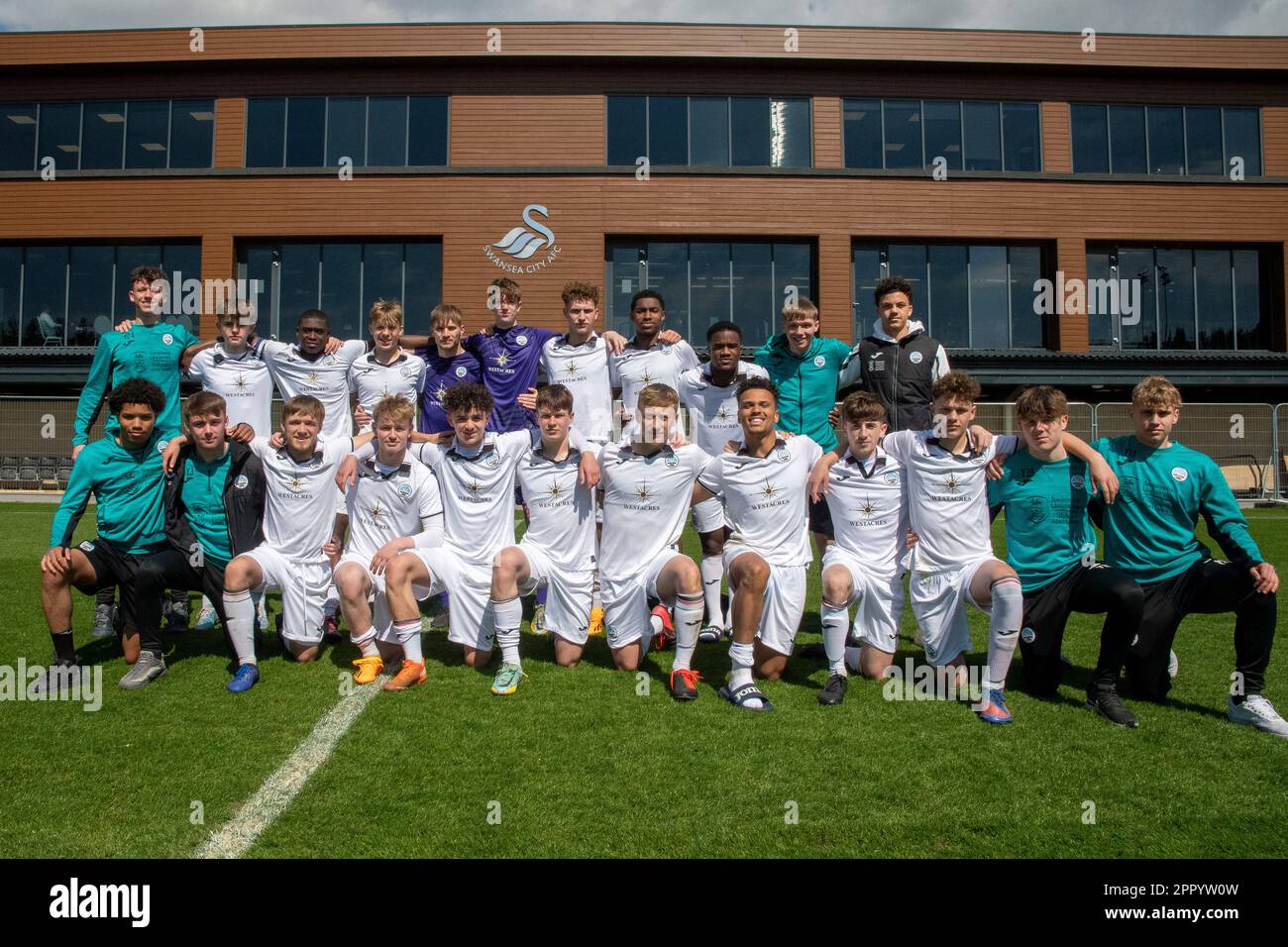 Swansea, Wales. 25 April 2023. The Swansea City Under 18 team after the Professional Development League game between Swansea City Under 18 and Ipswich Town Under 18 at the Swansea City Academy in Swansea, Wales, UK on 25 April 2023. Credit: Duncan Thomas/Majestic Media/Alamy Live News. Stock Photo