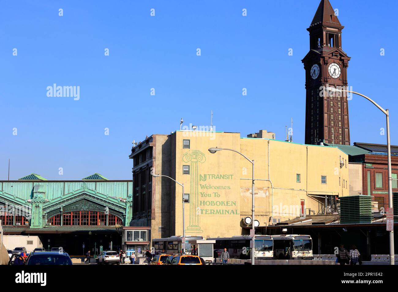 NJ Transit Hoboken Terminal, Hoboken, New Jersey. An multimodal transit center combining ferry, commuter rail, bus, light rail, subway, bike, taxis. Stock Photo