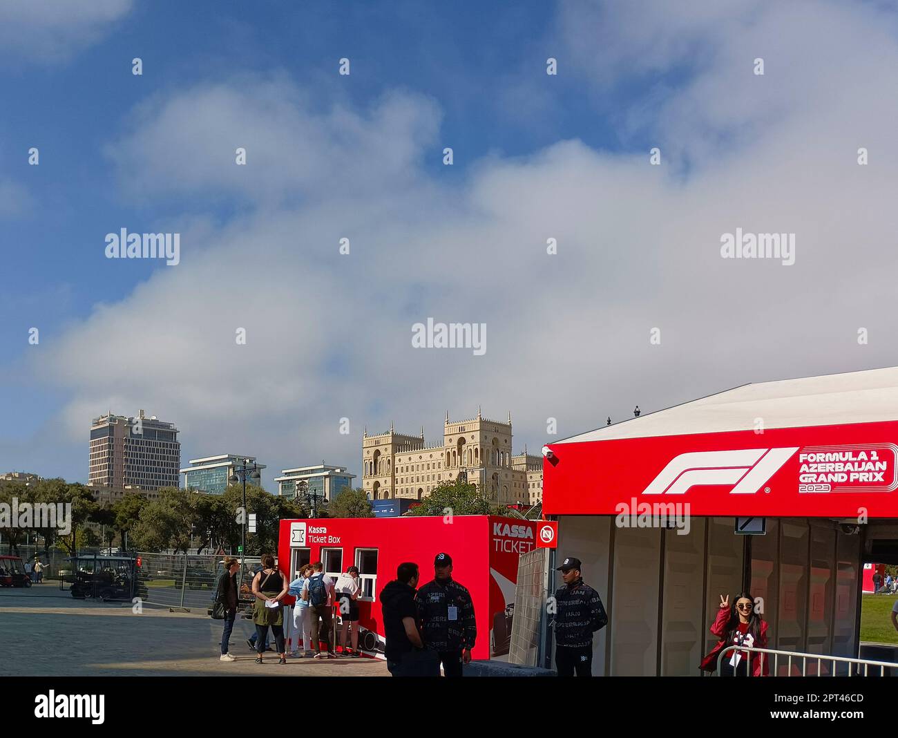 F1 Baku 2023. Formula 1 spectators near ticket box. Grand Prix 28-30 April, Azerbaijan Stock Photo