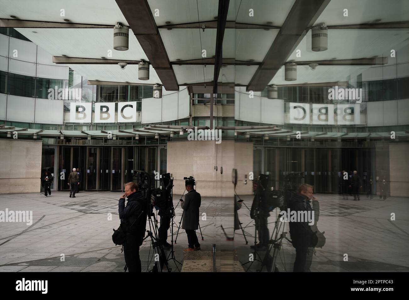 Media outside BBC Broadcasting House in Portland Place, London. The BBC chairman Richard Sharp has announced he is quitting to 'prioritise the interests' of the broadcaster after a report by Adam Heppinstall found he breached the governance code for public appointments. Mr Sharp conceded after Adam Heppinstall KC's report into his appointment found he 'failed to disclose potential perceived conflicts of interest'. Picture date: Friday April 28, 2023. Stock Photo