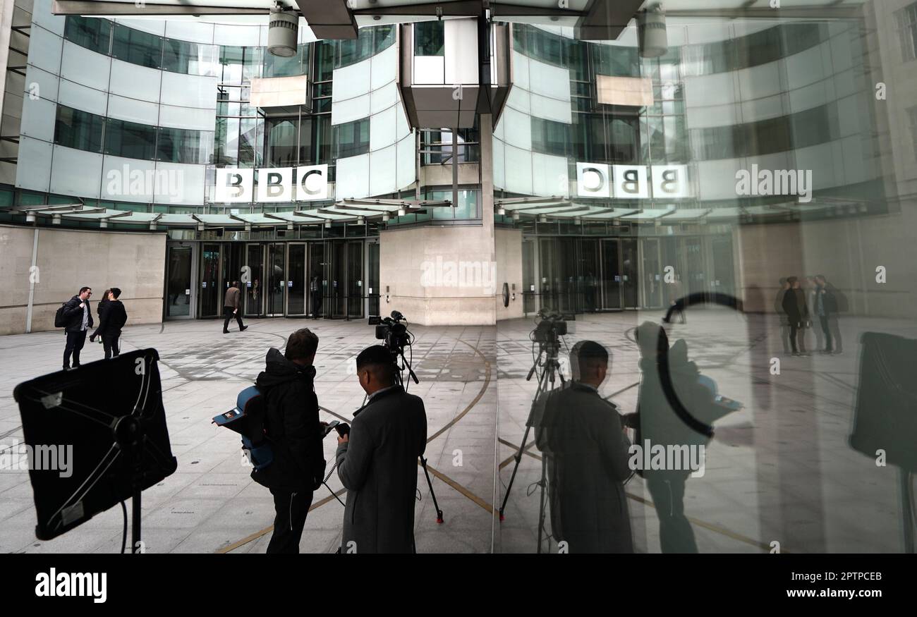 Media outside BBC Broadcasting House in Portland Place, London. The BBC chairman Richard Sharp has announced he is quitting to 'prioritise the interests' of the broadcaster after a report by Adam Heppinstall found he breached the governance code for public appointments. Mr Sharp conceded after Adam Heppinstall KC's report into his appointment found he 'failed to disclose potential perceived conflicts of interest'. Picture date: Friday April 28, 2023. Stock Photo