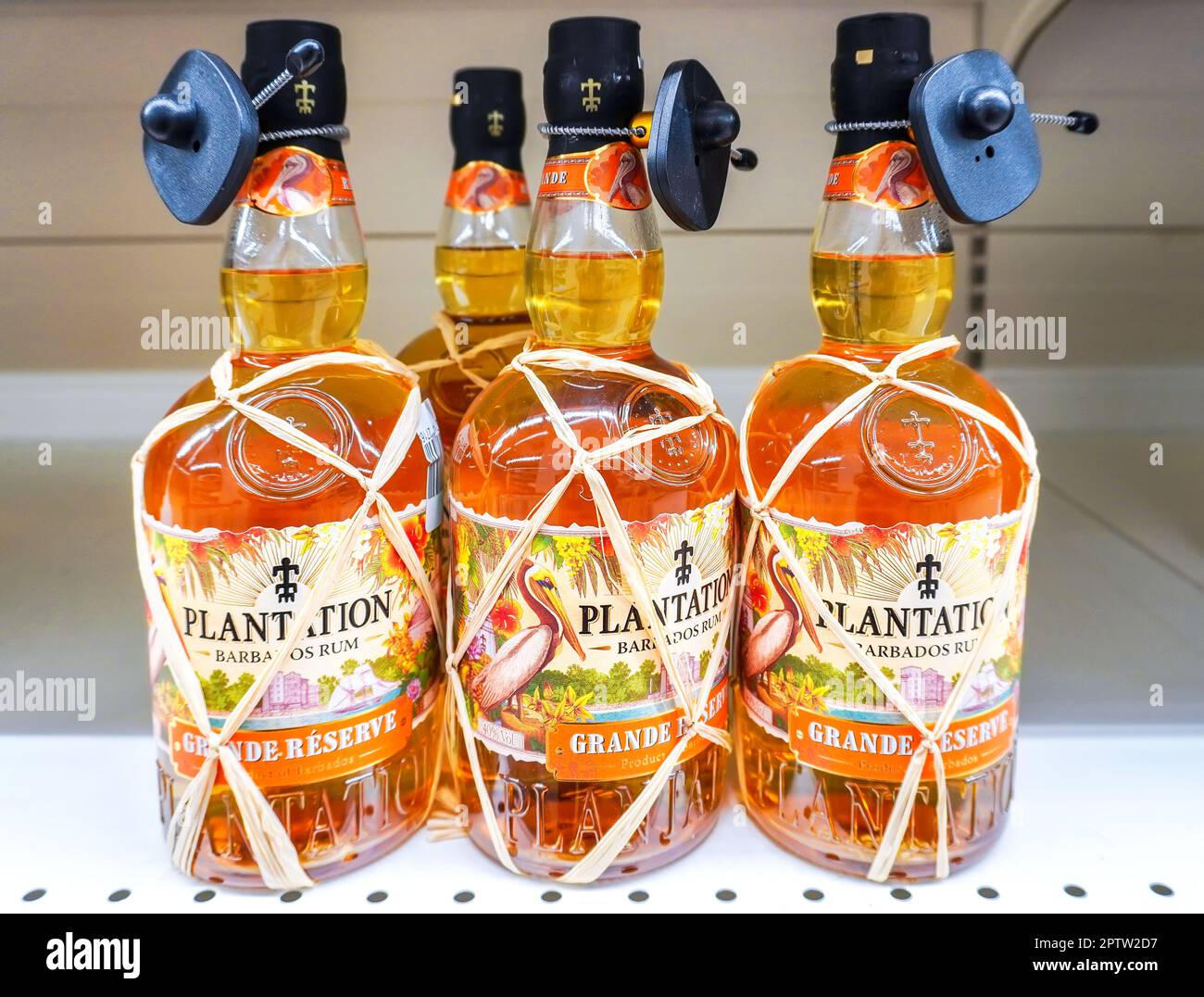 Samara, Russia - April 23, 2023: Plantation Barbados rum bottled at supermarket shelf. Bottled alcoholic beverages and spirit drinks. Strong alcoholic Stock Photo