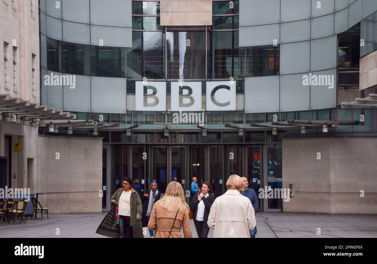 London, UK. 28th Apr, 2023. General view of Broadcasting House, the BBC headquarters in Central London. BBC chair Richard Sharp has resigned after it emerged that he failed to declare his role in a £800,000 loan made to former Prime Minister Boris Johnson. (Photo by Vuk Valcic/SOPA Images/Sipa USA) Credit: Sipa USA/Alamy Live News Stock Photo