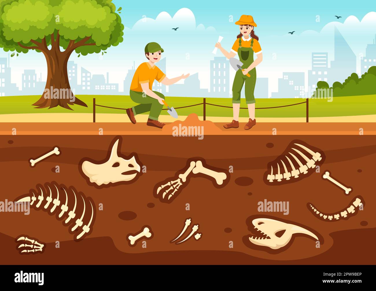 Fossil Illustration with Archaeologists Finds Dinosaurs Skeletons on ...