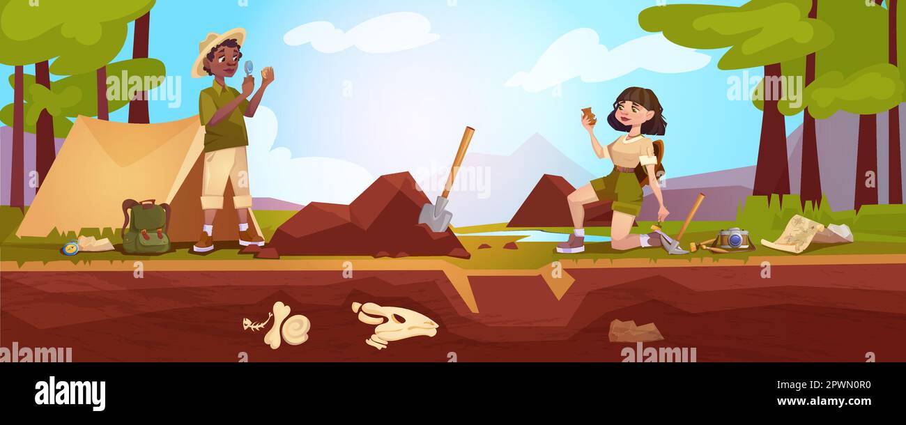 Cartoon archaeologists exploring artifacts with magnifying glass, brush or studying dinosaurs fossil skeletons bones. Paleontologist characters digging sand, research with excavation shovel and loupa. Stock Vector