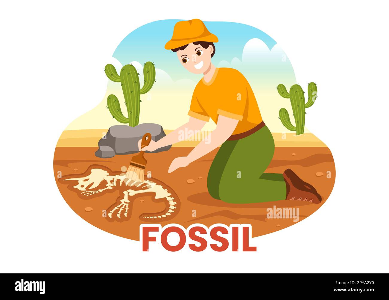 Fossil Illustration with Archaeologists Finds Dinosaurs Skeletons on Excavations or Digging Soil Layers in Flat Cartoon Hand Drawn Templates Stock Photo