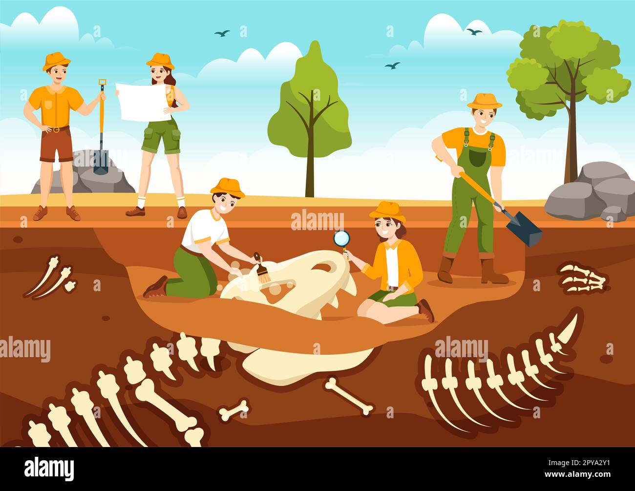 Fossil Illustration with Archaeologists Finds Dinosaurs Skeletons on Excavations or Digging Soil Layers in Flat Cartoon Hand Drawn Templates Stock Photo